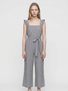 Monteau Women’s Striped Ruffle Strap Wide-Leg Jumpsuit - Black & White